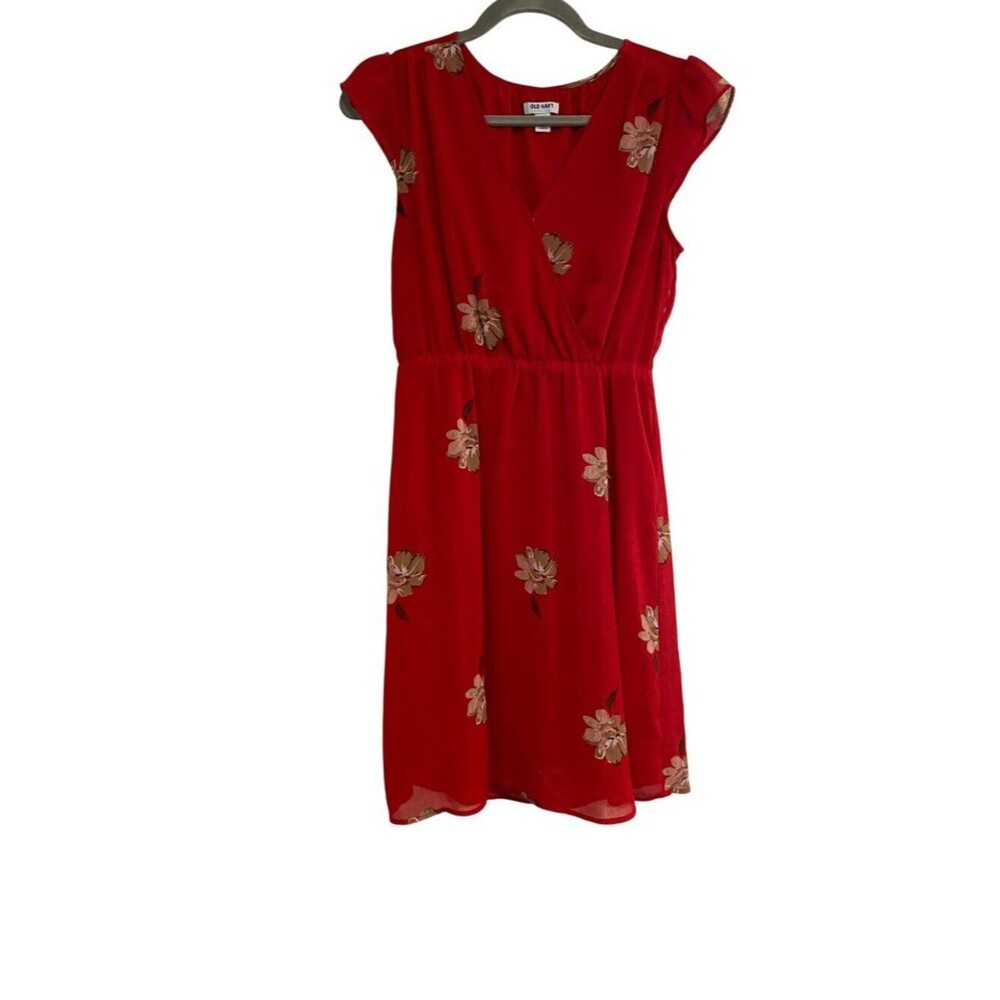 Old Navy Women's S Red Dress Floral Cap Sleeve V-Neck Elastic Waist Cottage Boho